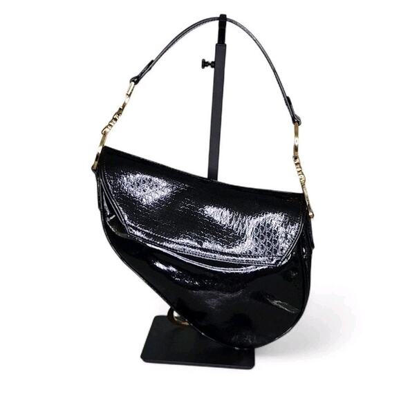Dior Galliano Rare Vtg Y2k Black Patent Leather Diorissimo Monogram Saddle Bag - Picture 4 of 11
